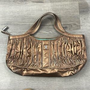 Babeed Bronze Gold Shoulder Bag with Teal Blue Lining EUC